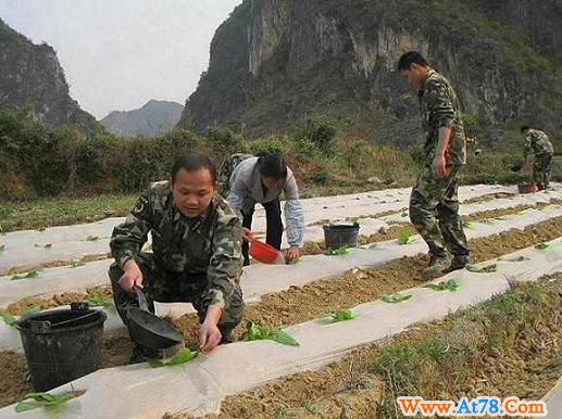 武警百色市边防支队官兵为群众送水保苗