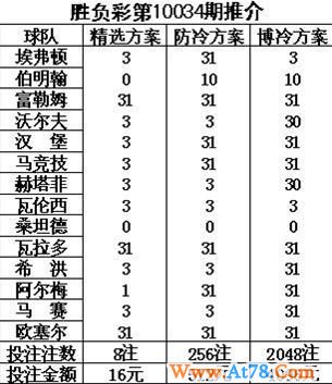 胜负彩第10034期张文元推介：汉堡主场防平局(组图)