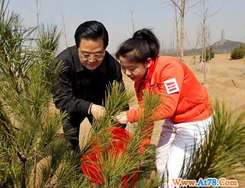 胡锦涛等与少先队员一起参加义务植树活动(图)