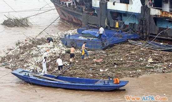 重庆长江百吨垃圾聚集江面可走人(组图)