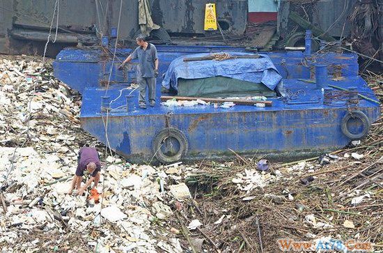 重庆长江百吨垃圾聚集江面可走人(组图)