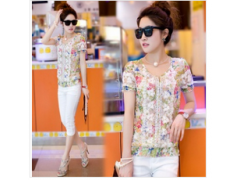 雪纺衫女短袖朵以2014夏装新款韩版修身正品碎花雪纺上衣